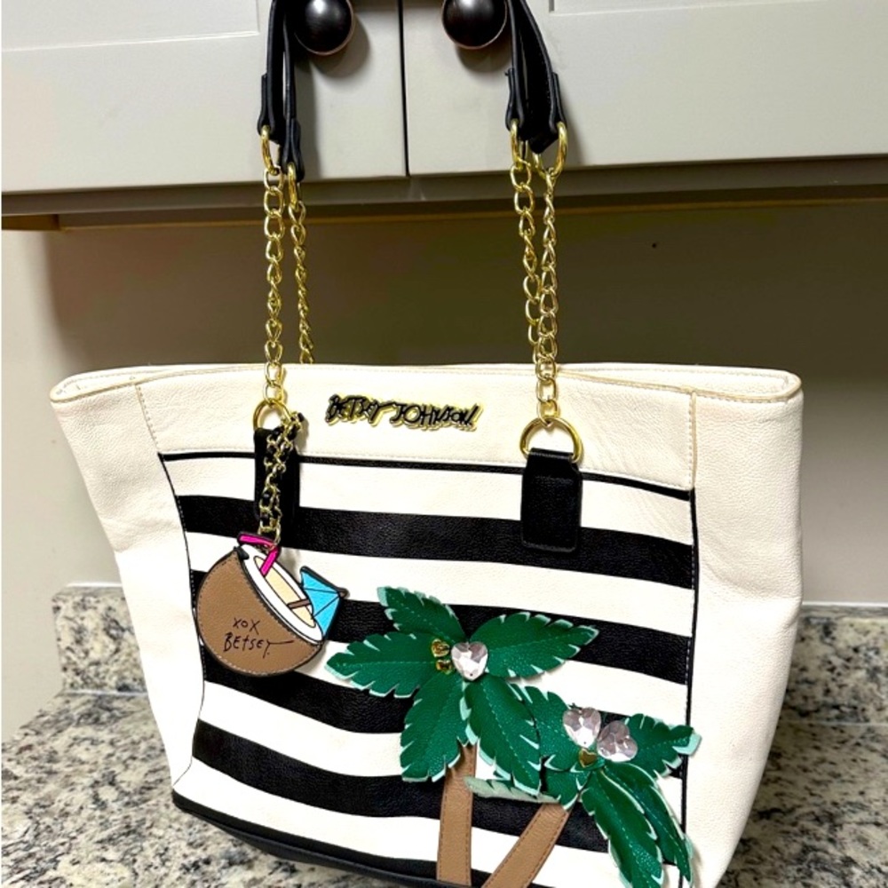 Betsey Johnson, black and white striped purse with palm trees